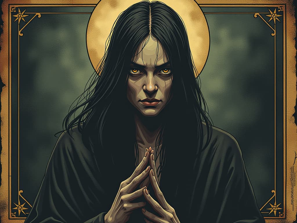  figure with discerning gaze, mystical environment, aura of clarity, focus and determination. an illustration in the style of a worn, mystical old tarot trump card, mysterious and elements of surrealism. the colors are muted, somber and eerie, but with contrast bring out an occult and esoteric vibe.