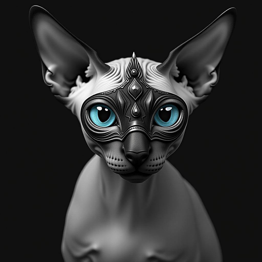  sphynx cat with mask and blue eyes, in black and white , (logo:1.15), hq, hightly detailed, 4k