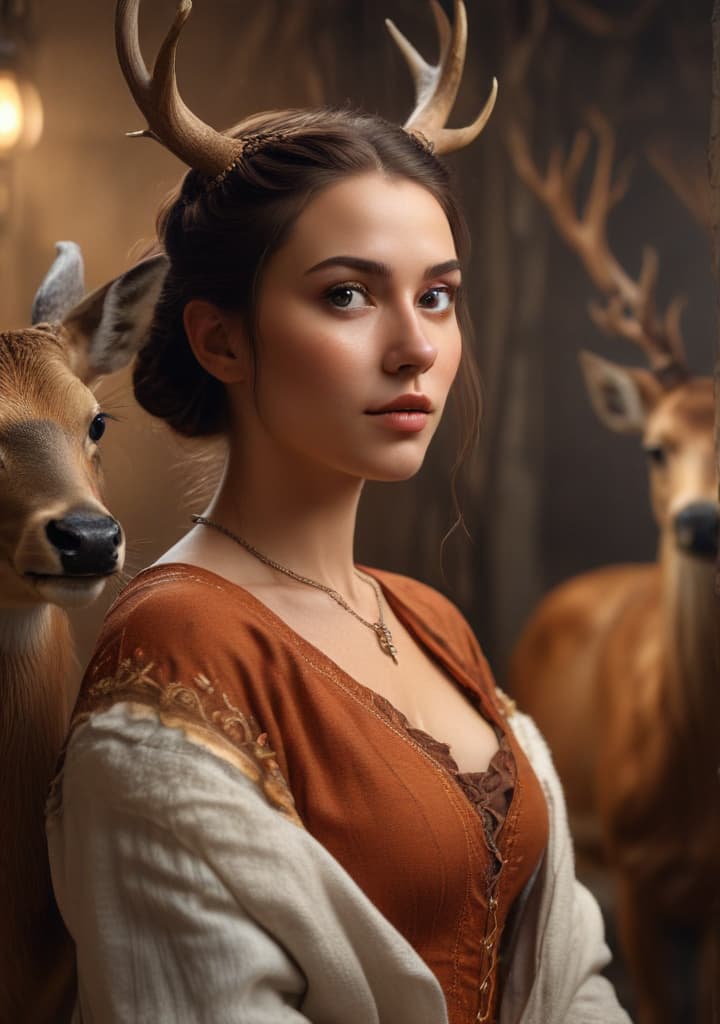 women lslamek long derss and deer looking in camera highly detailed,studio lighting,professional,vivid colors, cinematic lighting, HDR, UHD, 4K, 8k, 64K