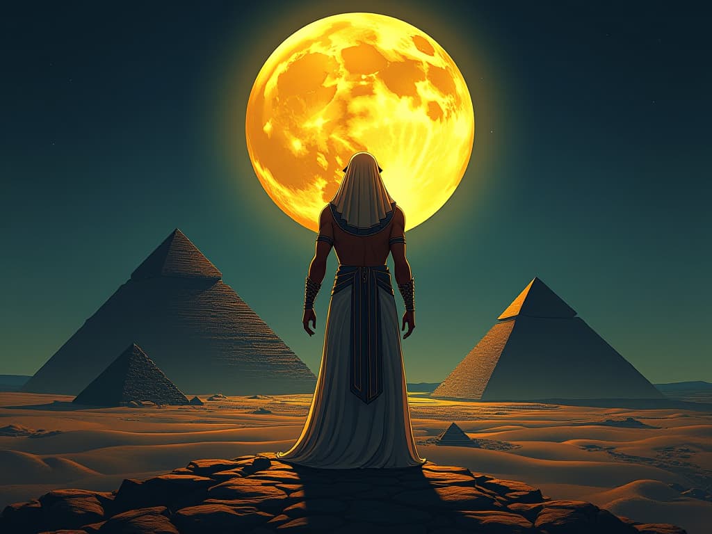  golden full moon rising over the pyramids, ancient pyramids silhouetted against a dark blue sky, ethereal glow, celestial majesty. the style is digital art illustration / modern comic book / mysterious occult, symbolic, esoteric vibe,high detail on character design, incorporating ancient egyptian symbology and attire.