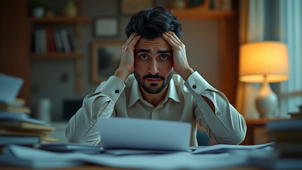  , a visually appealing graphic of a person looking frustrated while trying to organize their finances, with scattered papers and bills around. hyperrealistic, full body, detailed clothing, highly detailed, cinematic lighting, stunningly beautiful, intricate, sharp focus, f/1. 8, 85mm, (centered image composition), (professionally color graded), ((bright soft diffused light)), volumetric fog, trending on instagram, trending on tumblr, HDR 4K, 8K