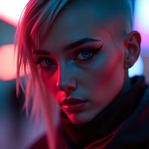  ultra realistic close up portrait ((beautiful pale cyberpunk female with heavy black eyeliner)), blue eyes, shaved side haircut, hyper detail, cinematic lighting, magic neon, dark red city, canon eos r3, nikon, f/1.4, iso 200, 1/160s, 8k, raw, unedited, symmetrical balance, in frame, 8k hyperrealistic, full body, detailed clothing, highly detailed, cinematic lighting, stunningly beautiful, intricate, sharp focus, f/1. 8, 85mm, (centered image composition), (professionally color graded), ((bright soft diffused light)), volumetric fog, trending on instagram, trending on tumblr, HDR 4K, 8K