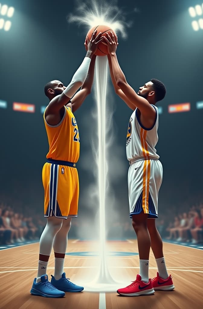  lebron james y stephen curry están parados sobre un campo de básquet sosteniendo un plátano a la altura de la cadera, con las dos manos, este plátano dispara un líquido blanco que le cae encima a personas del equipo contrario , realistic, portrait, art by donato giancola and greg rutkowski, realistic face, digital art, trending on artstation hyperrealistic, full body, detailed clothing, highly detailed, cinematic lighting, stunningly beautiful, intricate, sharp focus, f/1. 8, 85mm, (centered image composition), (professionally color graded), ((bright soft diffused light)), volumetric fog, trending on instagram, trending on tumblr, HDR 4K, 8K