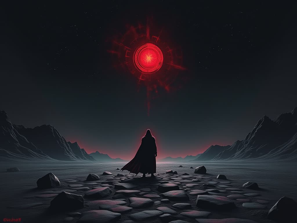  a lone figure standing in a desolate, rocky landscape under a starless, pitch black sky, the feeling of stark isolation and initial confrontation.. the style is dark fantasy and mysterious occult, symbolic, moody lighting, esoteric vibe,high detail on character design. for the color scheme emphasize blacks and reds.