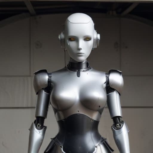 A maid metal robot without a face with pretty curves and a female body standing in a bunker