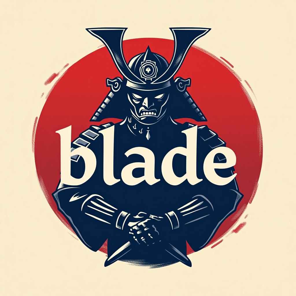  logo, emblem logo, with the written text ‘blade’, samurai theme, red and blue.