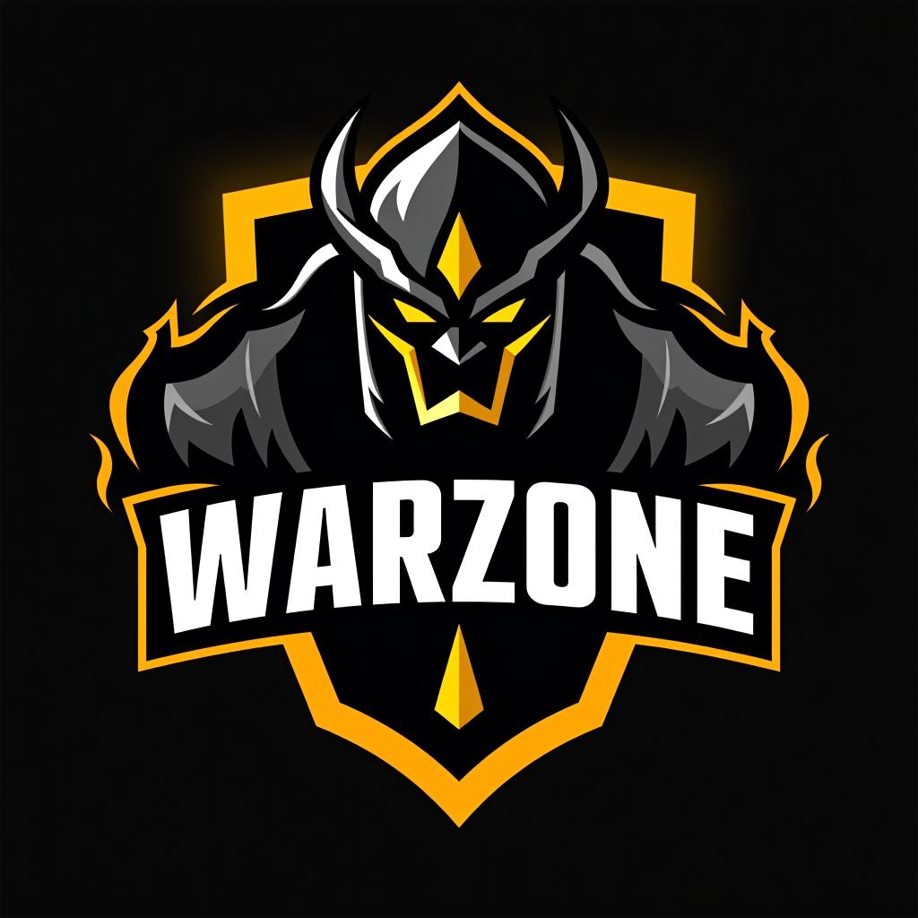  logo, esports logo, warrior theme, with text ‘warzone’, black and yellow color