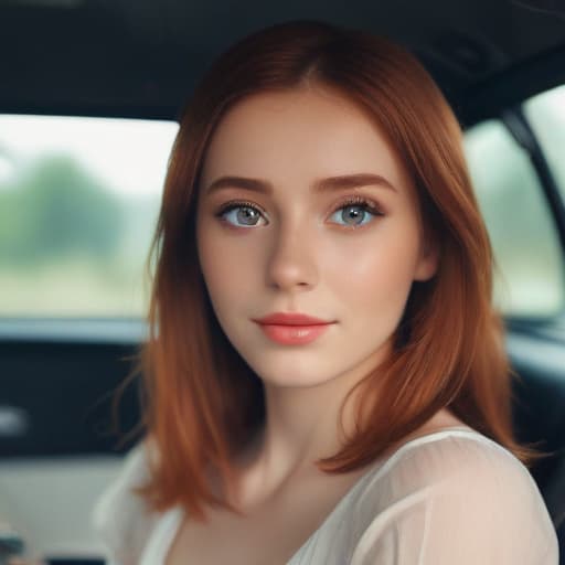 one beautiful young Red Head with big preety eyes sitting in one pose in the car, ((one with big beautiful red eyes sitting in one pose in the car)), ((in dress)), very skinny, 18 years old,((looking at viewer)), smile, (((big beautiful red eyes))), (close-up),, (((in simple clothes)))cute girl hyperrealistic, full body, detailed clothing, highly detailed, cinematic lighting, stunningly beautiful, intricate, sharp focus, f/1. 8, 85mm, (centered image composition), (professionally color graded), ((bright soft diffused light)), volumetric fog, trending on instagram, trending on tumblr, HDR 4K, 8K