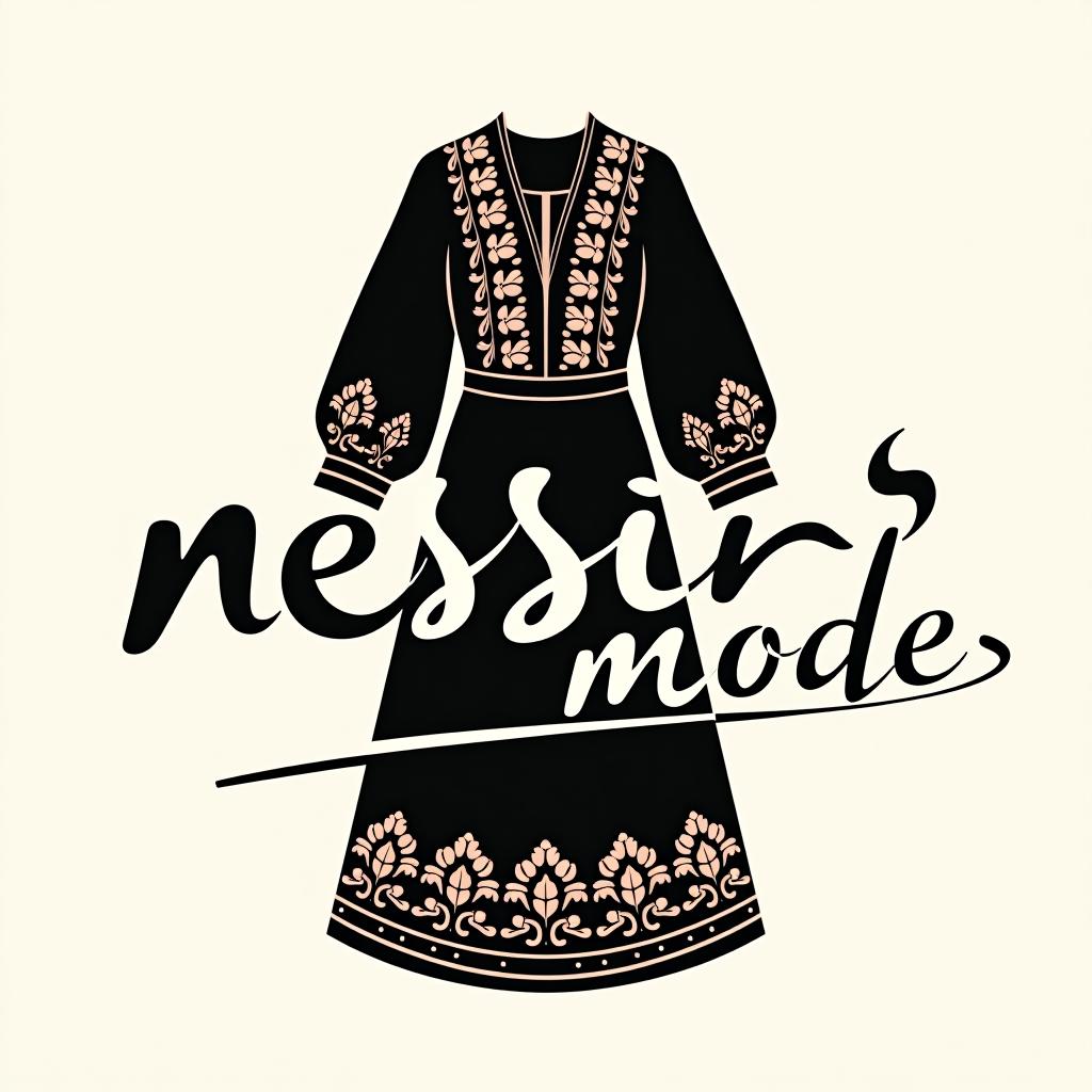  design a logo, nesrin mode hintergrund schwarz schrift weiß schreibschrift neben ein türkisches kleid , with the text 'nesrin mode '.