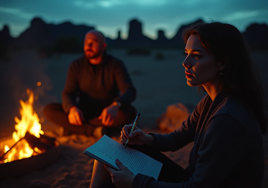  medium shot focusing on clara, sitting cross legged by the campfire, her face reflecting a mix of confusion and curiosity. in the background, professor arlo leans forward, gesturing with his hands as he speaks passionately about the absurdity of life. the firelight highlights clara’s notebook, which is open to a page filled with hastily scribbled notes. the twisted rock formations and the dark desert stretch out behind them, emphasizing their isolation."