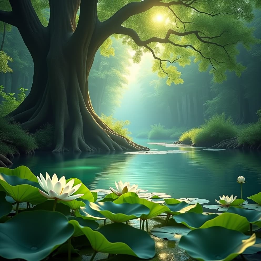  in a fairytale forest at dawn, the first rays of sunlight gently pierce through the lush green foliage. the light illuminates the dew droplets still clinging to the leaves, making them sparkle like tiny diamonds. at the heart of the forest, there is a small, crystal clear lake, its surface reflecting the pale blue sky. pure white lotus flowers bloom on the water, their delicate petals swaying gently in the breeze. surrounding the lake, ancient trees with gnarled roots rise above the ground,hyper detail, intricate details, sharp focus, high resolution, 8k, ultra detailed, vib