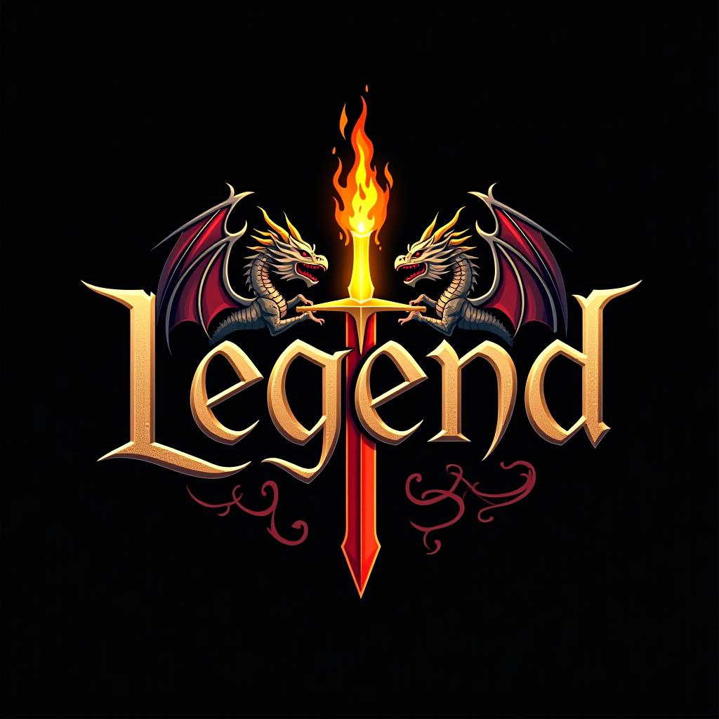  design a logo, custom sticker design on an isolated black background with the words ‘legend’ in bold font decorated by mythical dragons and a flaming sword