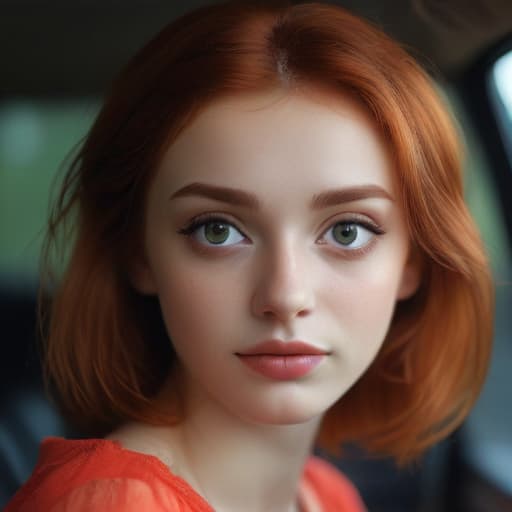 one beautiful young Red Head with big preety eyes sitting in one pose in the car, ((one with big beautiful red eyes sitting in one pose in the car)), ((in dress)), very skinny, 18 years old,((looking at viewer)), smile, (((big beautiful red eyes))), (close-up),, (((in simple clothes)))beautiful girl hyperrealistic, full body, detailed clothing, highly detailed, cinematic lighting, stunningly beautiful, intricate, sharp focus, f/1. 8, 85mm, (centered image composition), (professionally color graded), ((bright soft diffused light)), volumetric fog, trending on instagram, trending on tumblr, HDR 4K, 8K