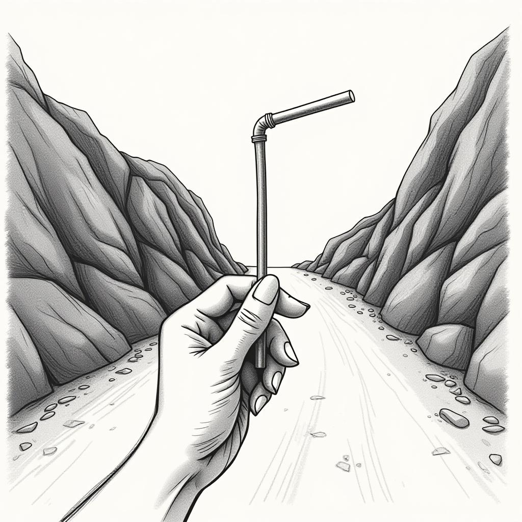  a single straw in a woman's hand against a background of a rocky road. graphic style, pencil drawing.