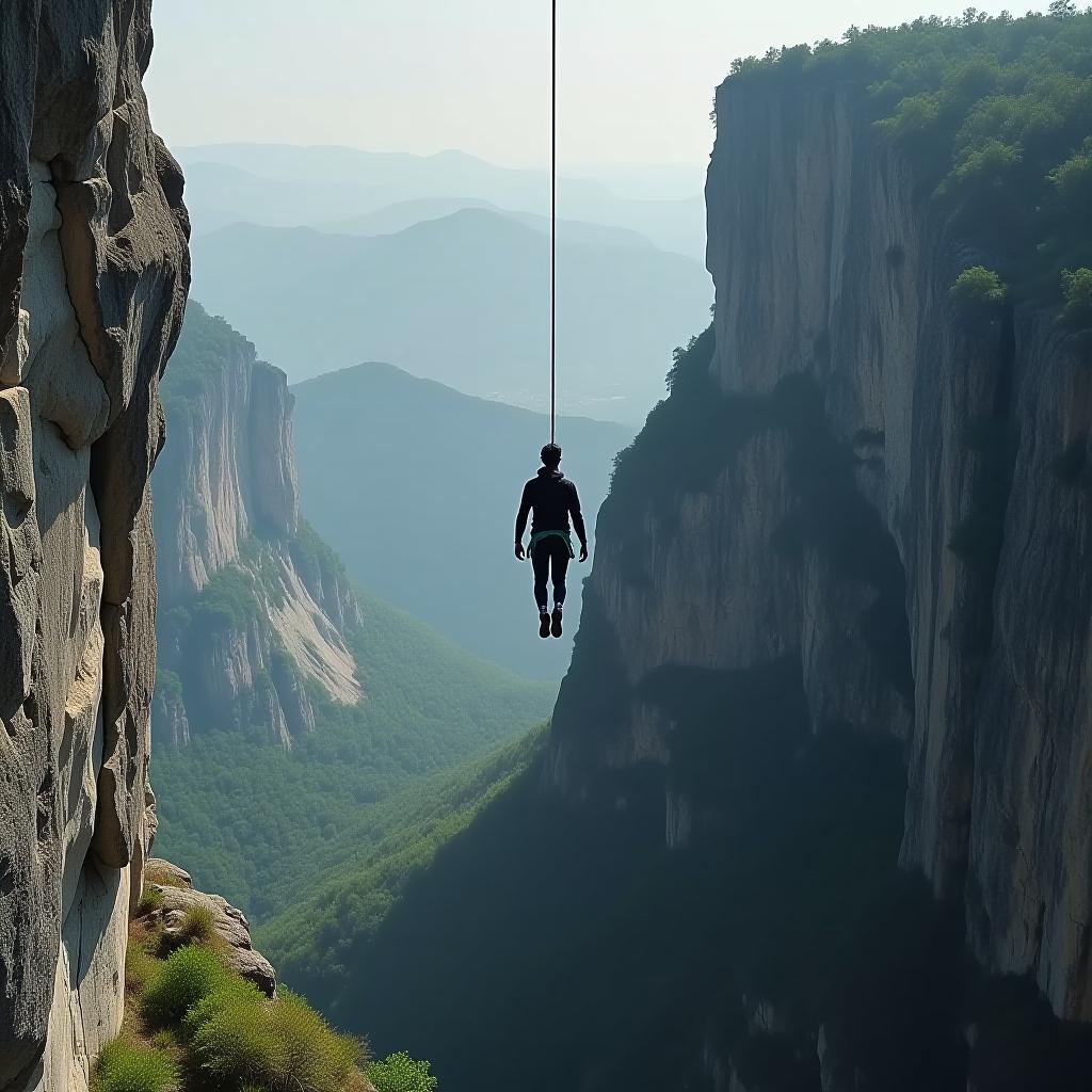  a person is hanging over a cliff by a shoelace.