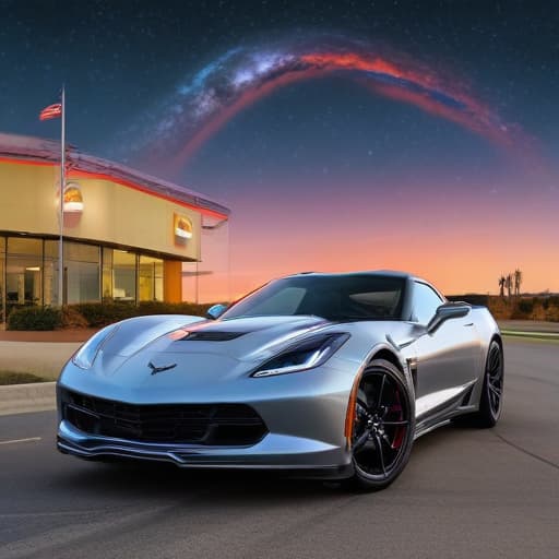 Chevrolet corvette On winding road with a Chevrolet dealership with Addison Chevrolet in the background in Comic Art style with Space background