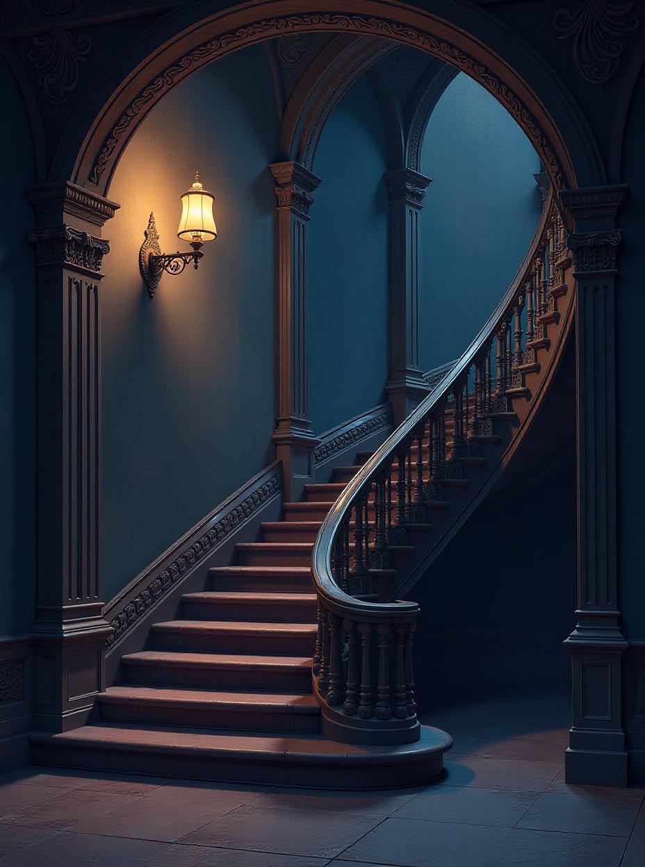  hyperrealistic art digital painting, grand staircase in an opulent building at night], [style reminiscent of art nouveau architecture with a touch of fantasy, similar to the work of alphonse mucha but with a more modern, darker palette], [no specific artist reference needed], [dark, atmospheric color palette with deep blues, purples, and browns. the background features a sweeping staircase in a grand building, lit by a single lamp. the texture is smooth with subtle details suggesting stone and ornate carvings. the lighting is soft and focused, drawing attention to the staircase and the overall effect is one of quiet elegance and sophistication., extremely high resolution details, photographic, realism pushed to extreme, fine texture, incred