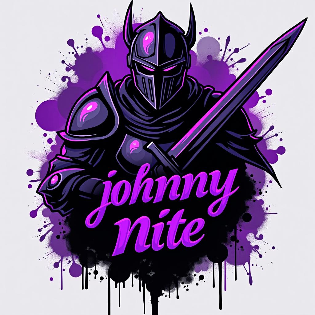  design a logo, in a realism style. knight black and purple graffiti, with the text 'johnny nite '.