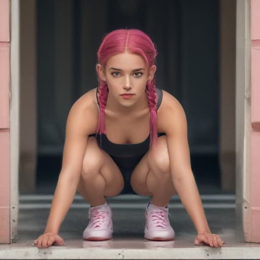 an ultra realistic photo of , taken from front view, film photo photography style, in their , pigtails hairstyle, pink hair hair, in with clothing, looks pouting lips, at oasis, while squatting, miss universe model with small s, french ethnicity, and Fully young female, squatting tight , small tiny s, , frame, very , and cute, , squatting reveals tight slit, hairless , , cotheless, undressed, fully , young female , young small female fully undressed reveals all tiny s one person symmetrical balance, in-frame hyperrealistic, full body, detailed clothing, highly detailed, cinematic lighting, stunningly beautiful, intricate, sharp focus, f/1. 8, 85mm, (centered image composition), (professionally color graded), ((bright soft diffused light)), volumetric fog, trending on instagram, trending on tumblr, HDR 4K, 8K