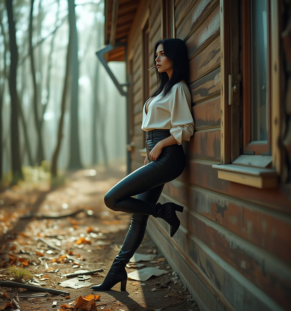  cinematic photo midle aged russian woman with long black hair and cigarette leans the wall with one high up leg in abanddoned house in the woods. she wears in white sweetshot, black leather pants and over the knee high heel boots. full body, side view, hyperdetailed, 4k . 35mm photograph, film, bokeh, professional, 4k, highly detailed