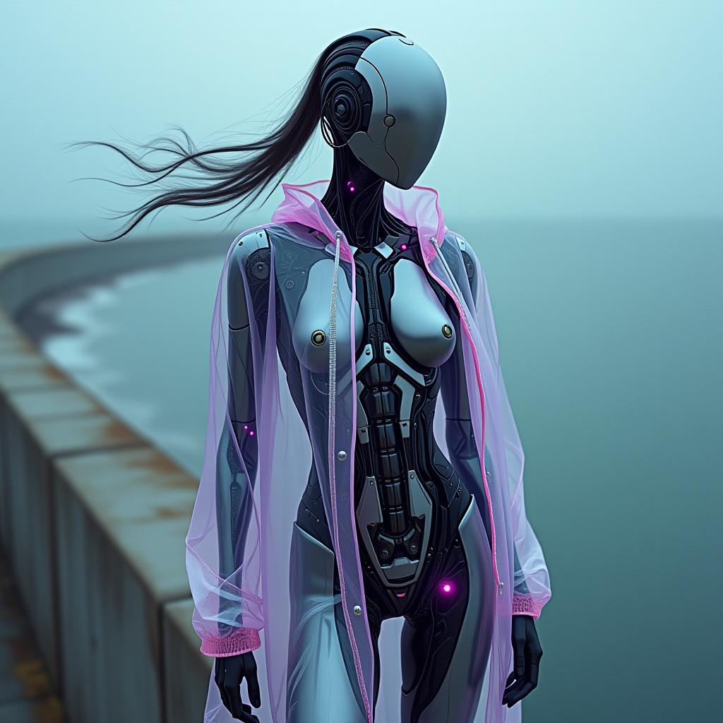  cybernetic robot hdr foto, skinny anorexic female faceless cyborg, (((wires in head mechanical parts ultra reflective faceplate:1.2))), (((mechanical section of the abdomen and waist:1.4)))ultra thin waist and very skinny legs, the wind blows your hair and raincoat, (((tight transparent pale violet bluish grayshine reflected color pvc clothing transparent color vinyl clothing prismatic holographic chromatic aberration short unbuttoned raincoat glows slightly intricate detail))), on concrete embankment of sea curvy horizon line landscape:1.7))) , close up, half waist, high angle view, 4k, ultrareflections, blend of organic and mechanical elements, futuristic cybernetics, human machine fusion, dystopian, organic meets artificial extreme