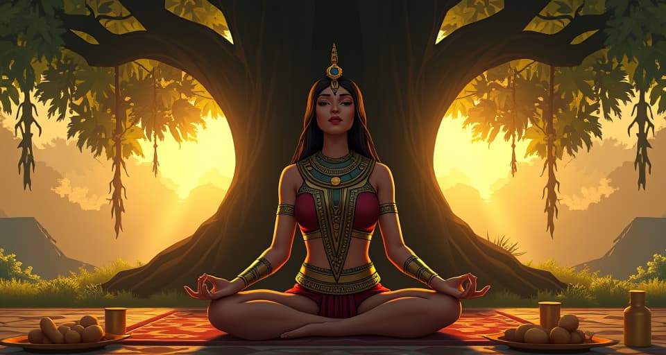  a large busted woman in a tight robe, meditating under a large tree, golden light filtering through the leaves, symbolizing wisdom and spiritual strength.. the style is digital art illustration / modern comic book / mysterious occult, symbolic, esoteric vibe,high detail on character design, incorporating ancient egyptian symbology and attire.