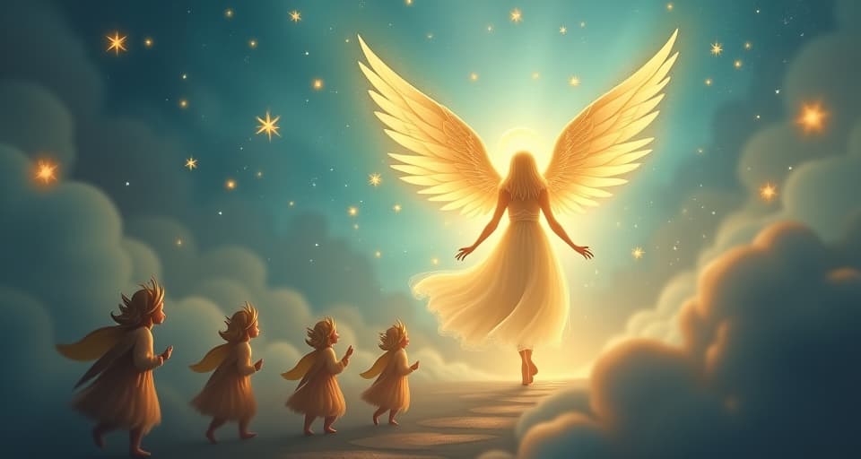  a ethereal angel, brilliantly glowing with divine light, guiding a group of magical beings. their steps are hesitant, dictated by the unseen hand that directs the angel.. the style is digital art illustration,highly detailed, whimsical,magical, dreamlike atmosphere, realism and fantasy blend, smooth, glossy textures,luminous quality, wonder and enchantment.