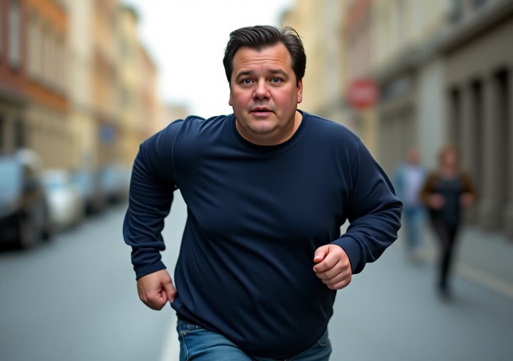  closeup of face of a realistic 2 old danish man with pale skin and slightly overweight and chubby build. he has short, black brown hair that is neatly but slightly tousled, with a youthful, fresh appearance. his skin is clear with a few faint blemishes typical of someone in their early twenties. his facial features are soft and ish, with a slightly round face, blue eyes that are bright and youthful, and no facial hair, giving him a distinctly young appearance. he wears casual, everyday clothing: a dark blue long sleeve shirt that fits comfortably over his slightly rounded stomach, paired with slightly faded blue jeans that show some wear, and simple white sneakers. the man is captured mid run on a city street, viewed from t