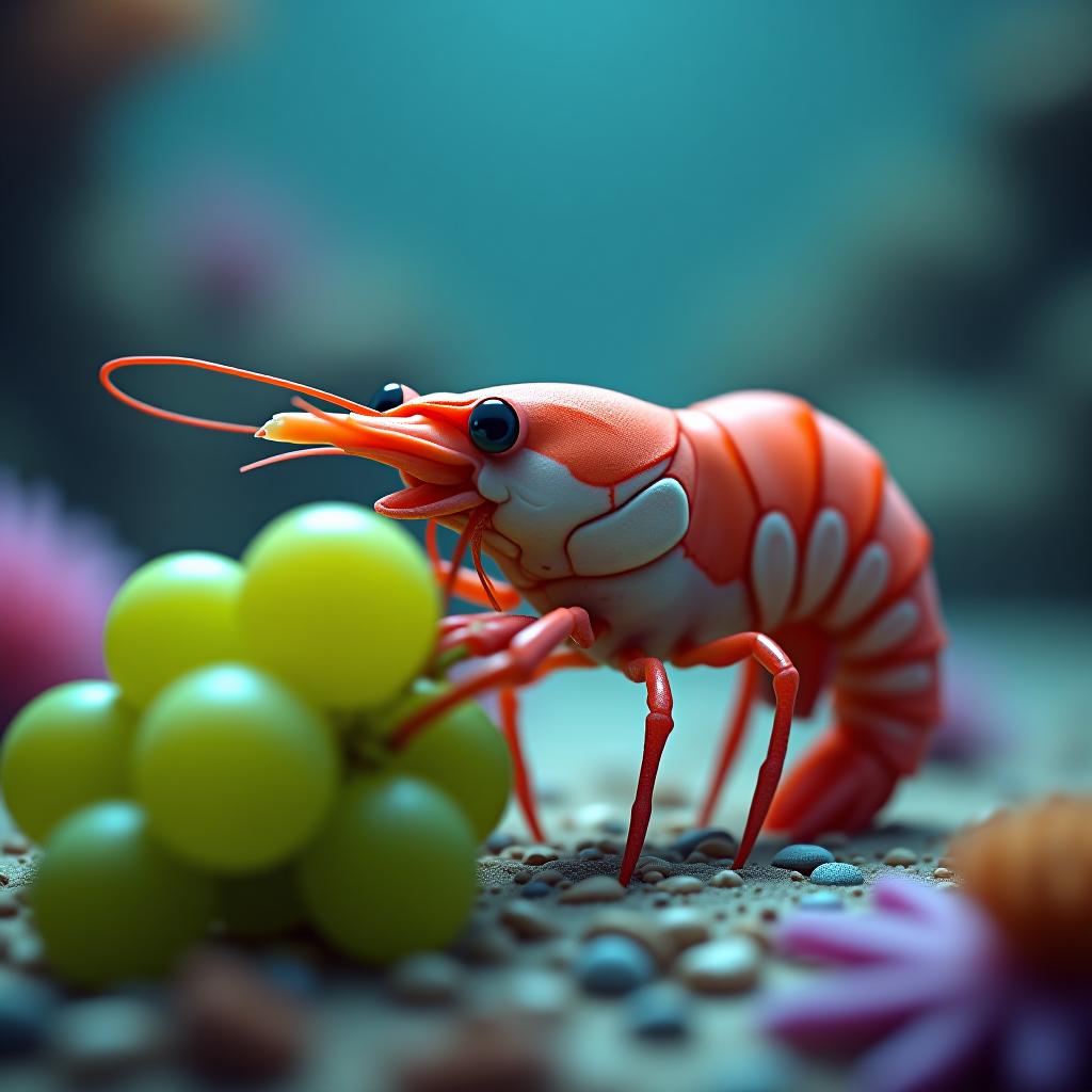  a colorless shrimp on the seabed smiles happily while eating green grapes. cartoon style. colorful. firooze hyperrealistic, full body, detailed clothing, highly detailed, cinematic lighting, stunningly beautiful, intricate, sharp focus, f/1. 8, 85mm, (centered image composition), (professionally color graded), ((bright soft diffused light)), volumetric fog, trending on instagram, trending on tumblr, HDR 4K, 8K