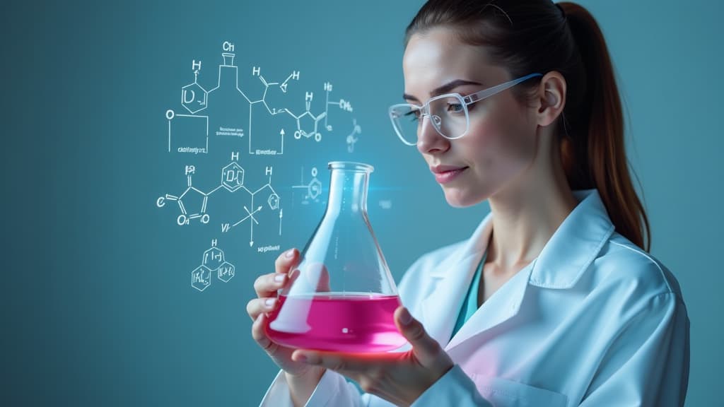  a in a chemical white coat and protective gles holds a conical flask with a pink liquid in her hands, around her head are transparent icons with calculation formulas and chemical formulas of substances ar 16:9 {prompt}, maximum details