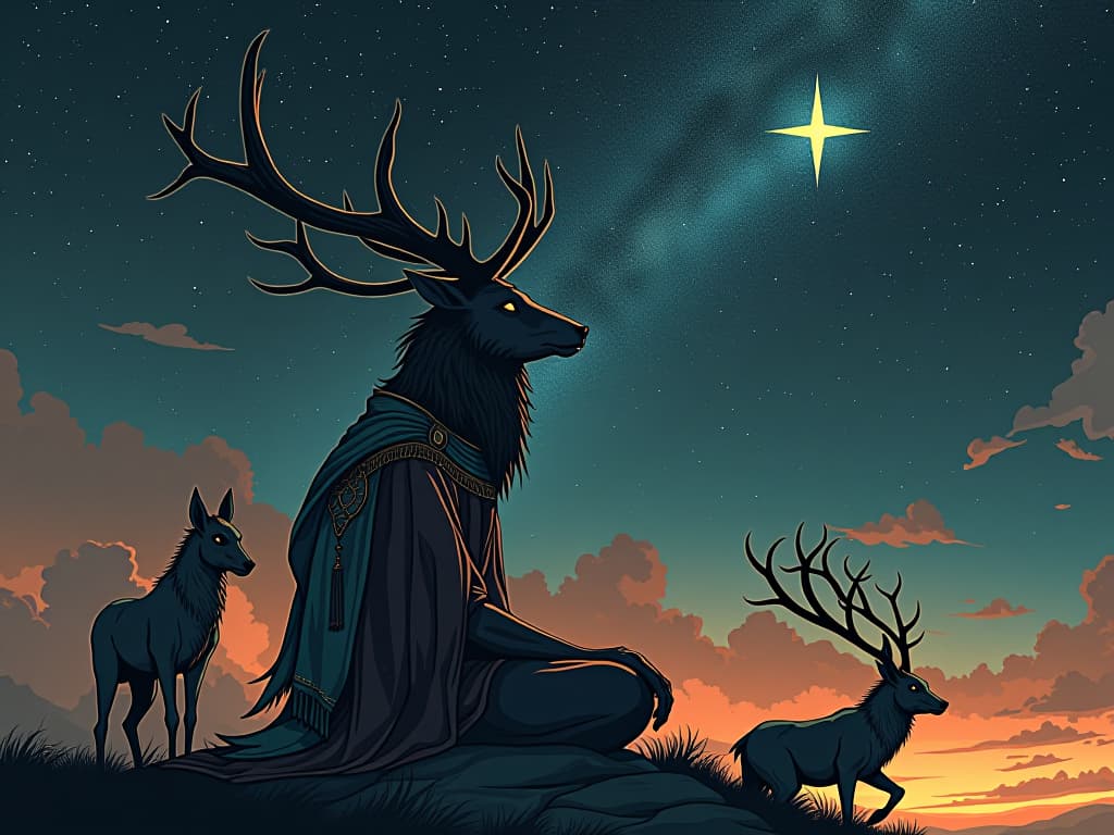  black elk, in deep contemplation under a starry sky, surrounded by animal spirits, communing with the spirit realm. the style is digital art illustration / modern comic book / mysterious occult, symbolic, esoteric vibe,high detail on character design, incorporating ancient egyptian symbology and attire.