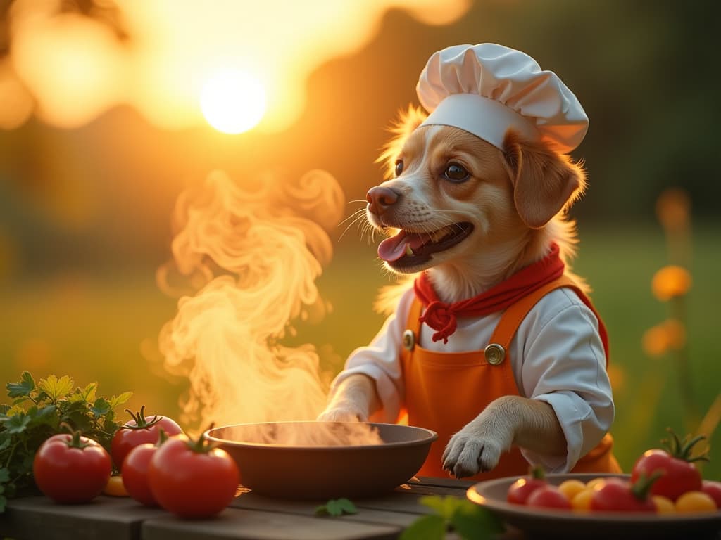  a landscape image featuring a cute joyful dog dressed as a chef, cooking food outdoors during sunrise. the scene should have a warm, golden light from the rising sun. in the foreground, there's a nearby glass surface (like a window or mirror) with the text 'suprabhatam gaura' written on it, as if drawn by steam or condensation. the overall atmosphere should be cheerful and inviting, with the dog's culinary activities as the focal point set against the beautiful sunrise backdrop. seemless text "suprabhatam gaura" hyperrealistic, full body, detailed clothing, highly detailed, cinematic lighting, stunningly beautiful, intricate, sharp focus, f/1. 8, 85mm, (centered image composition), (professionally color graded), ((bright soft diffused light)), volumetric fog, trending on instagram, trending on tumblr, HDR 4K, 8K