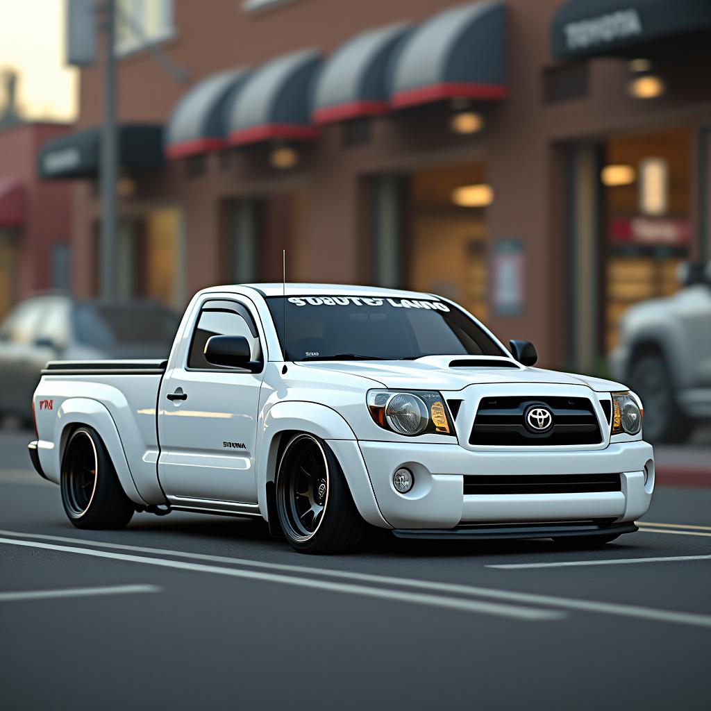  cinematic photo 2008 toyota tacoma, new, stanced, trd, lowered, racing, race truck, detailed, 8k, white,single cab, 17x12 wheels, wide body, light weight, body kit, negative camber, rollcage, splitter, rear defuser, big brakes. 35mm photograph, film, bokeh, professional, 4k, highly detailed