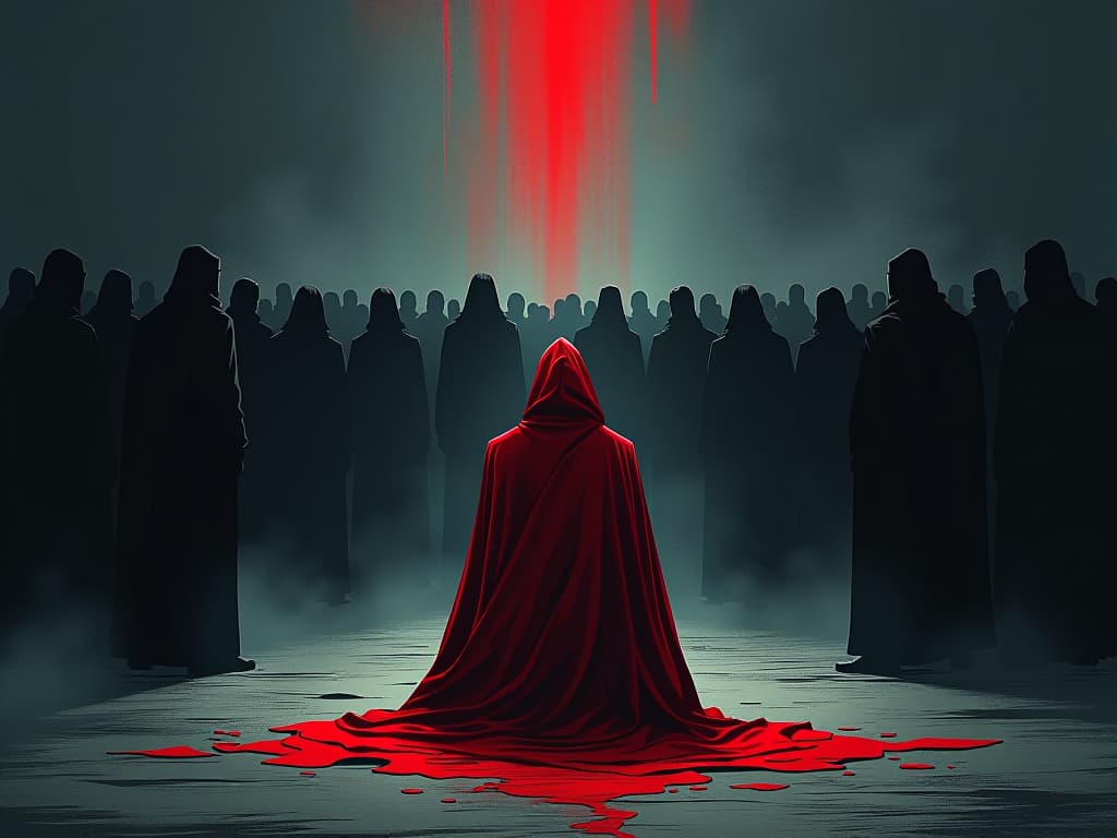  person in red cloak, kneeling in front of turned away crowd, air of lost trust and respect. the style is digital art illustration / modern comic book / graphic dark novel fantasy and mysterious occult, symbolic, moody lighting, esoteric vibe,high detail on character design. for the color scheme emphasize blacks and reds.