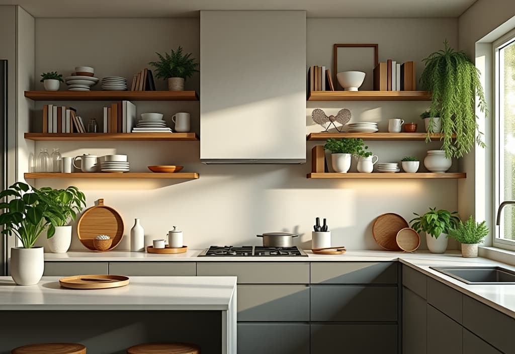  a landscape photo of an elegant kitchen with open floating shelves displaying a mix of green plants, white ceramics, and cookbooks, creating a lively and organized wall decor hyperrealistic, full body, detailed clothing, highly detailed, cinematic lighting, stunningly beautiful, intricate, sharp focus, f/1. 8, 85mm, (centered image composition), (professionally color graded), ((bright soft diffused light)), volumetric fog, trending on instagram, trending on tumblr, HDR 4K, 8K