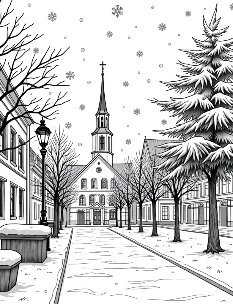  this is for an adult coloring page. a detailed black and white line art of a snowy snowflakes falling gently over a quiet town square on a solid white background.