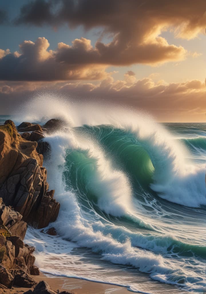 Capture the power of crashing waves in a coastal wallpaper. highly detailed,studio lighting,professional,vivid colors, cinematic lighting, HDR, UHD, 4K, 8k, 64K