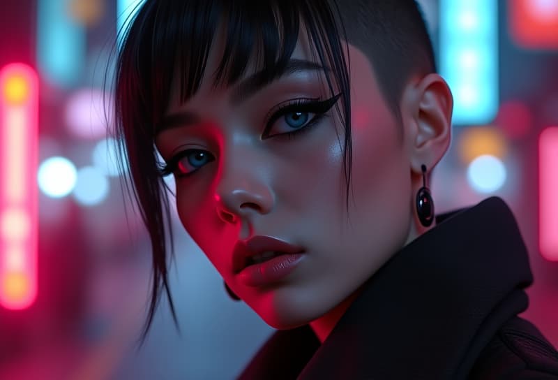  ultra realistic close up portrait ((beautiful pale cyberpunk female with heavy black eyeliner)), blue eyes, shaved side haircut, hyper detail, cinematic lighting, magic neon, dark red city, canon eos r3, nikon, f/1.4, iso 200, 1/160s, 8k, raw, unedited, symmetrical balance, in frame, 8k hyperrealistic, full body, detailed clothing, highly detailed, cinematic lighting, stunningly beautiful, intricate, sharp focus, f/1. 8, 85mm, (centered image composition), (professionally color graded), ((bright soft diffused light)), volumetric fog, trending on instagram, trending on tumblr, HDR 4K, 8K