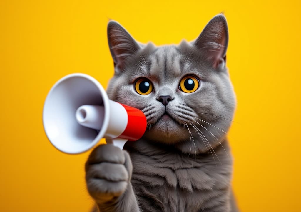  grey cat with wide eyes holding a megaphone against a vibrant yellow background. fun and energetic image suitable for announcements and promotions