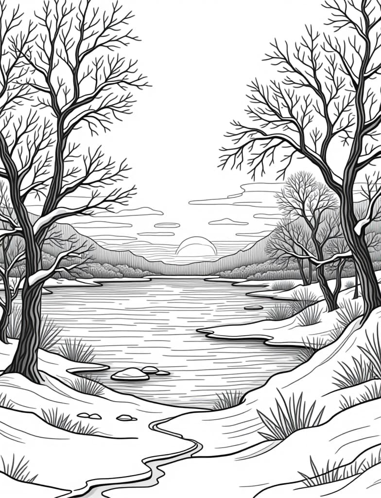  this is for an adult coloring page. a detailed black and white line art of a snowy winter sunset over a frozen lake on a solid white background.