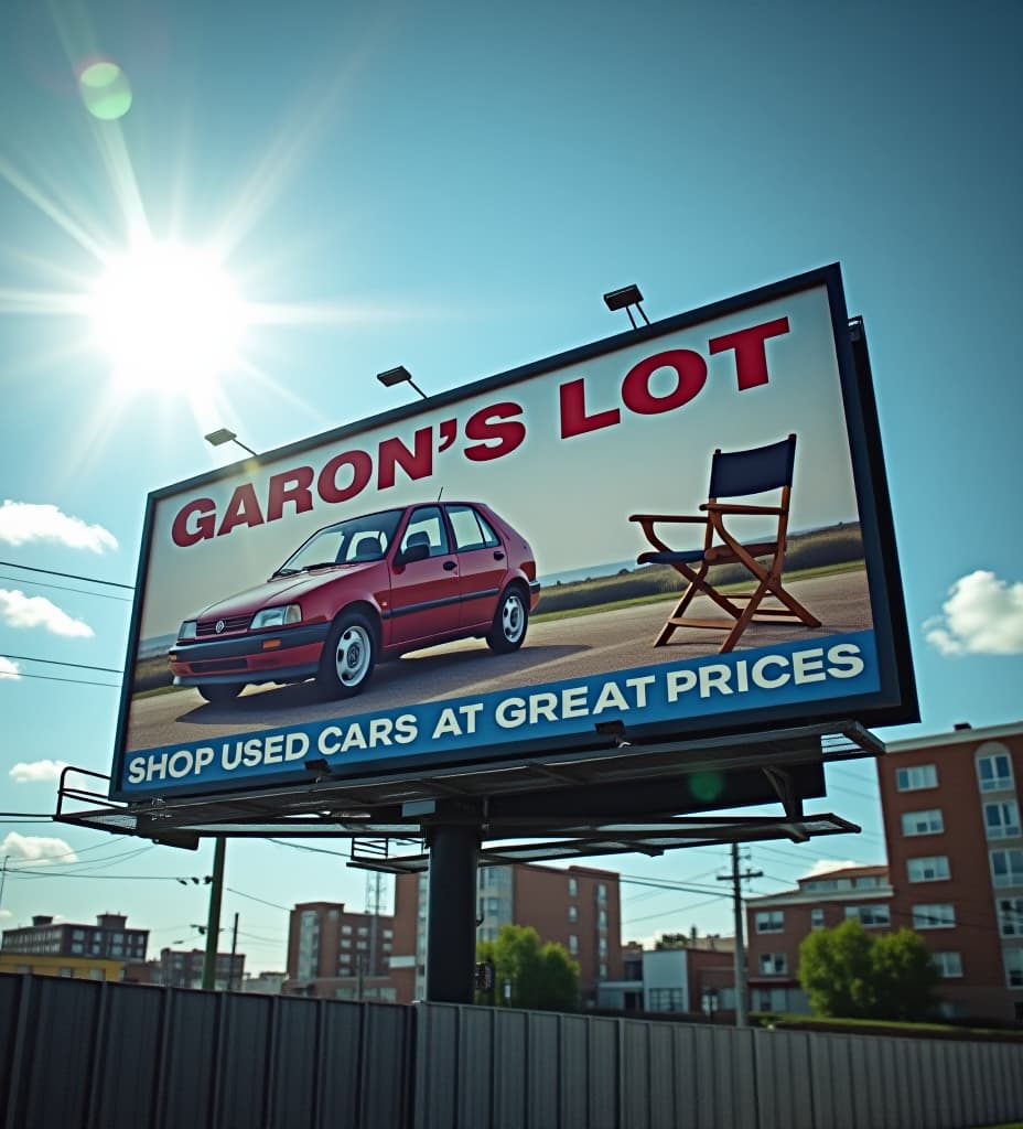  photo of a billboard in chicago, for a car dealer with a car and a chair on it and a that says "garon's lot" in big letters, and "shop used cars at great prices, from a folding chair in the corner" dynamic lighting, sun glare, photorealistic