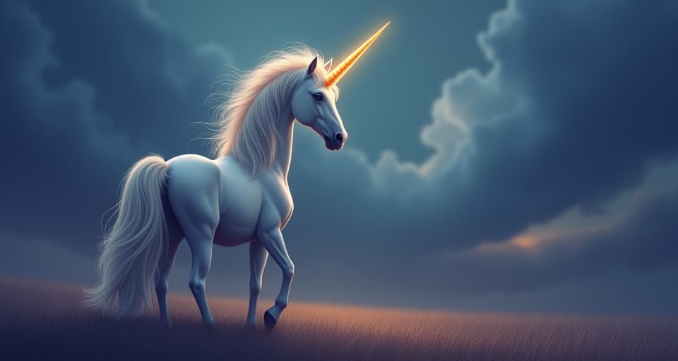  a majestic unicorn with a bright horn, standing firm against a darkening sky. symbolism of unwavering resolve and truth, ethereal scene.. the style is digital art illustration,highly detailed, whimsical,magical, dreamlike atmosphere, realism and fantasy blend, smooth, glossy textures,luminous quality, wonder and enchantment.