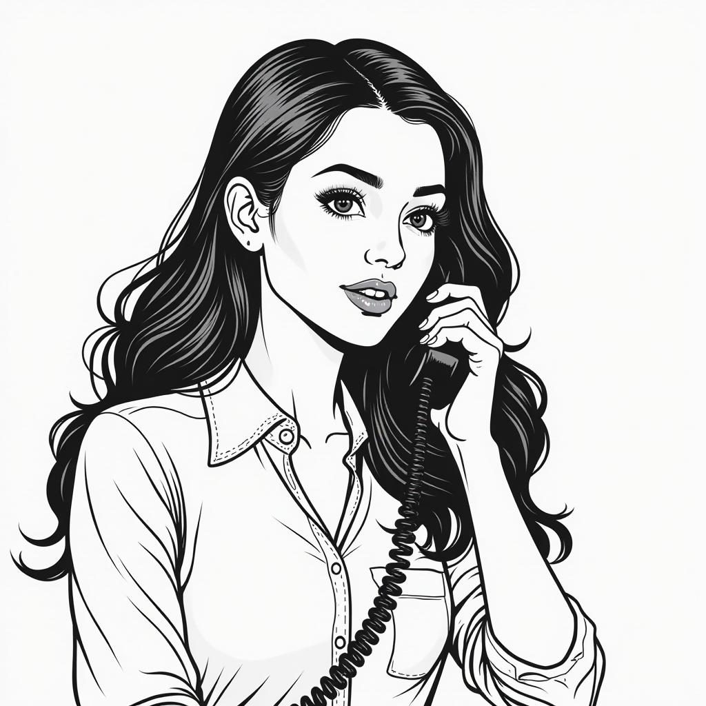  simple black and white vector illustration of a woman speaking on land phone, high quality, high details, hd, perfect composition, 4k epic detailed, highly detailed, sharp focus, high resolution