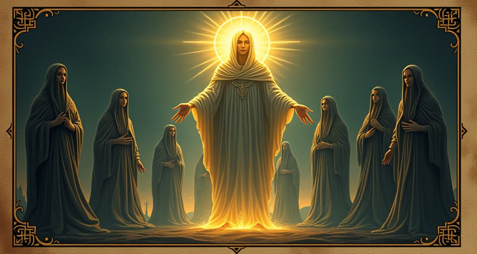  beacon of resilience and divine power, glowing central figure, surrounded by ethereal ancestors, mystical, powerful, commanding, protected. an illustration in the style of a worn, mystical old tarot trump card, mysterious and elements of surrealism. the colors are muted, somber and eerie, but with contrast bring out an occult and esoteric vibe.