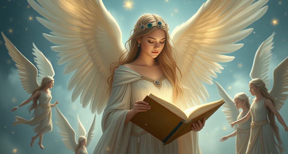  an ethereal angel surrounded by bright, celestial beings; an open scroll at her side, ready to share written stories, encapsulating a moment of shared wisdom.. the style is digital art illustration,highly detailed, whimsical,magical, dreamlike atmosphere, realism and fantasy blend, smooth, glossy textures,luminous quality, wonder and enchantment.