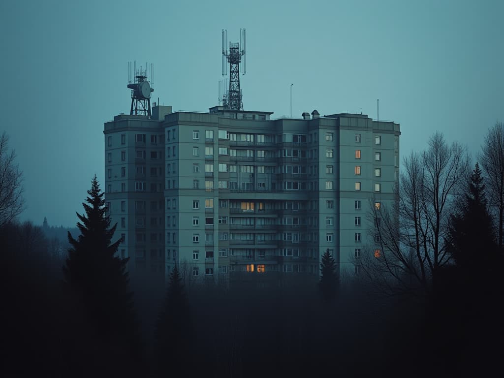  a 13 story building of a soviet research institute in the brutalist style of the 70s 80s, late in the summer evening in a dense pine forest, dim lights in some windows, huge blinking antennas on the roof