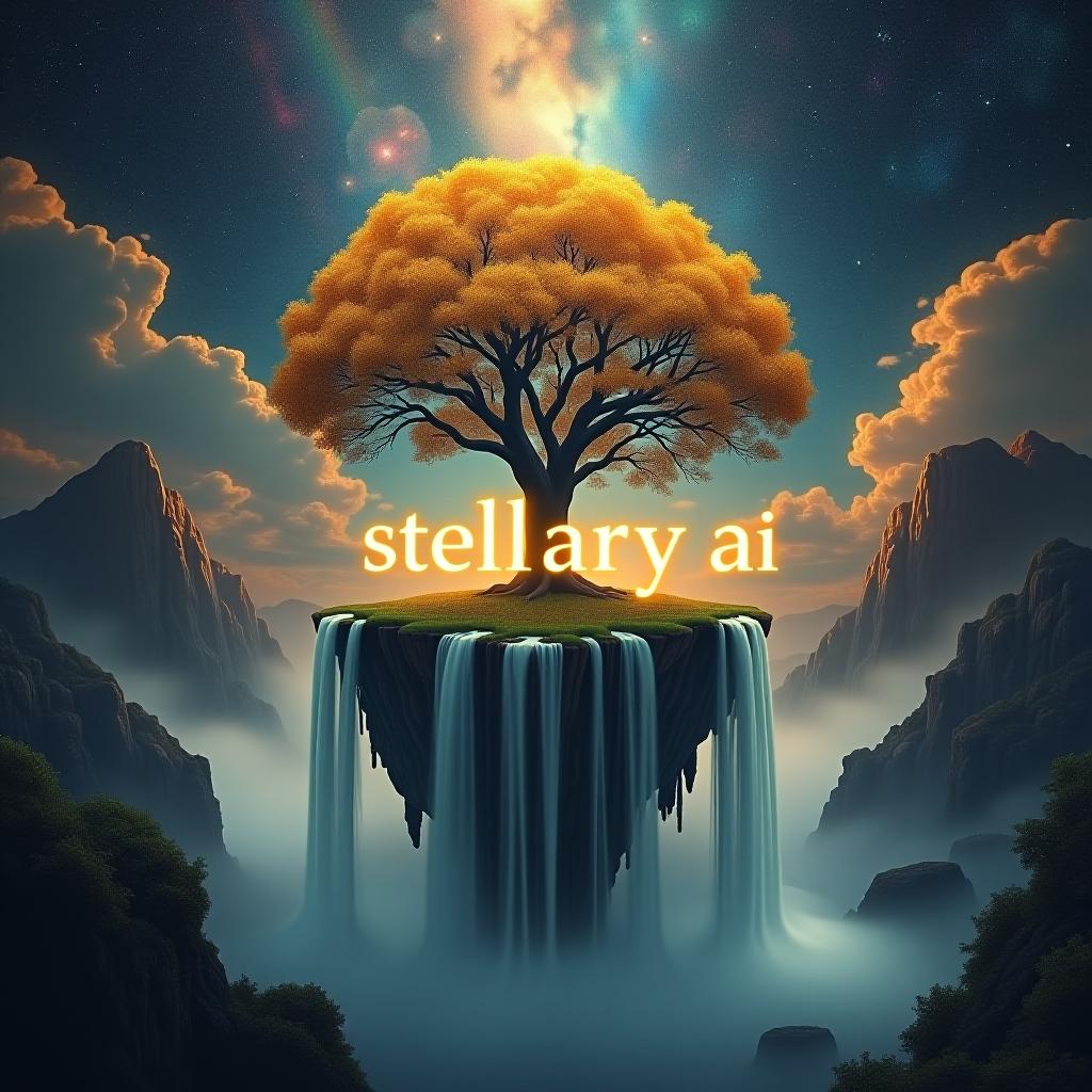  "generate a surreal landscape where a massive tree with golden leaves grows on a floating island, surrounded by cascading waterfalls that flow upward into a sky filled with swirling galaxies and nebulae. incorporate the phrase 'stellary ai' into the scene, written in glowing, ethereal letters that seem to be formed from the light of distant stars. the phrase should be subtly integrated into the sky, blending with the cosmic elements yet still standing out as a central part of the composition."