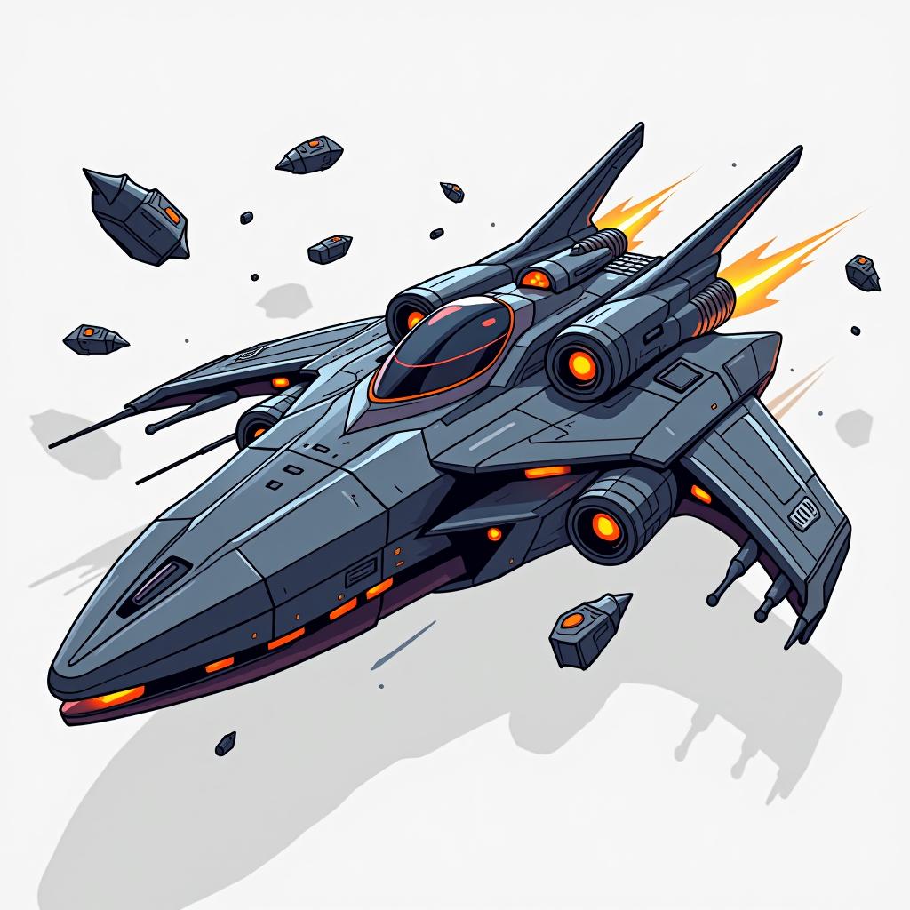  white background. left view: a simple vector graphic showing a hyper realistic battle spaceship designed with elements inspired by a mysterious alien planet. the spaceship features glowing areas, floating fragments, and a sleek, dangerous design, with sharp angles and menacing details. the overall look should be dynamic and otherworldly, incorporating split elements that enhance its intimidating presence. realistic cartoon.