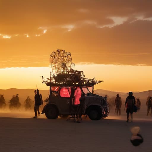 festival goers, Burning Man, elaborate costumes, vibrant body paint, futuristic googles, wild hairstyles, led accessories, desert landscape, Black Rock City, interactive fire art installation, large-scale sculptures, performance, dusk, golden hour lighting, wide-angle shot, clear sky, dust storms, surreal atmosphere, panoramic view, dynamic poses, group photo, colorful sunset, playa, dust-covered vehicles, themed camps, creative shelters, effigy burning, night time, neon lights, silhouette, long exposure. --v 6.0