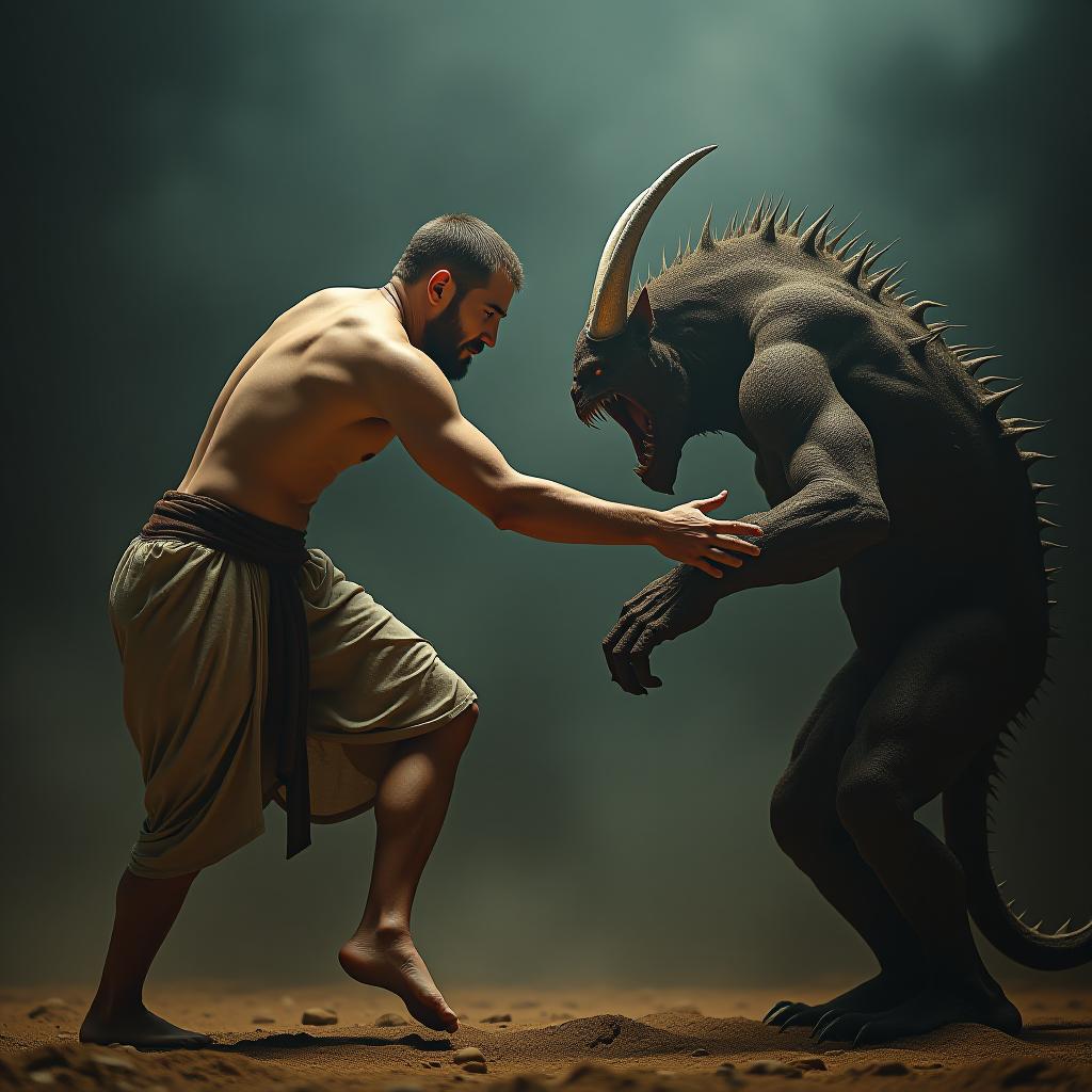  a master of man made arts with a naked torment fights to death with a terrible monster with the horns of human growth hyperrealistic, full body, detailed clothing, highly detailed, cinematic lighting, stunningly beautiful, intricate, sharp focus, f/1. 8, 85mm, (centered image composition), (professionally color graded), ((bright soft diffused light)), volumetric fog, trending on instagram, trending on tumblr, HDR 4K, 8K